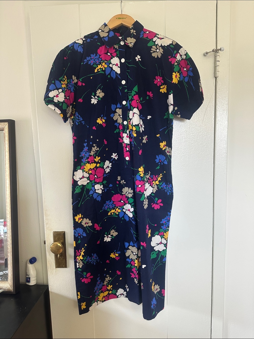 Vintage Navy Floral Button-Front Short Sleeve Dress